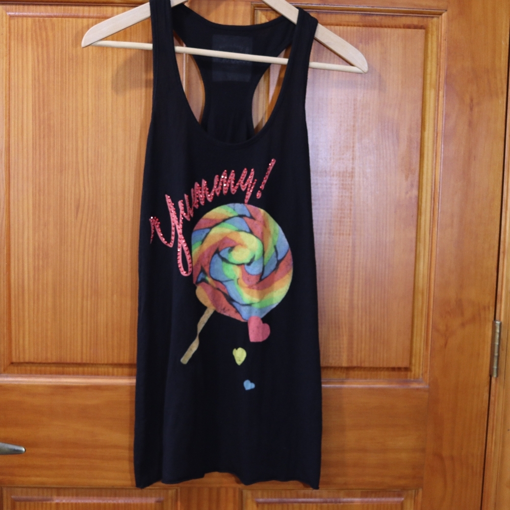 Wet Seal Black Tank Top with Rainbow Lollipop Design Small